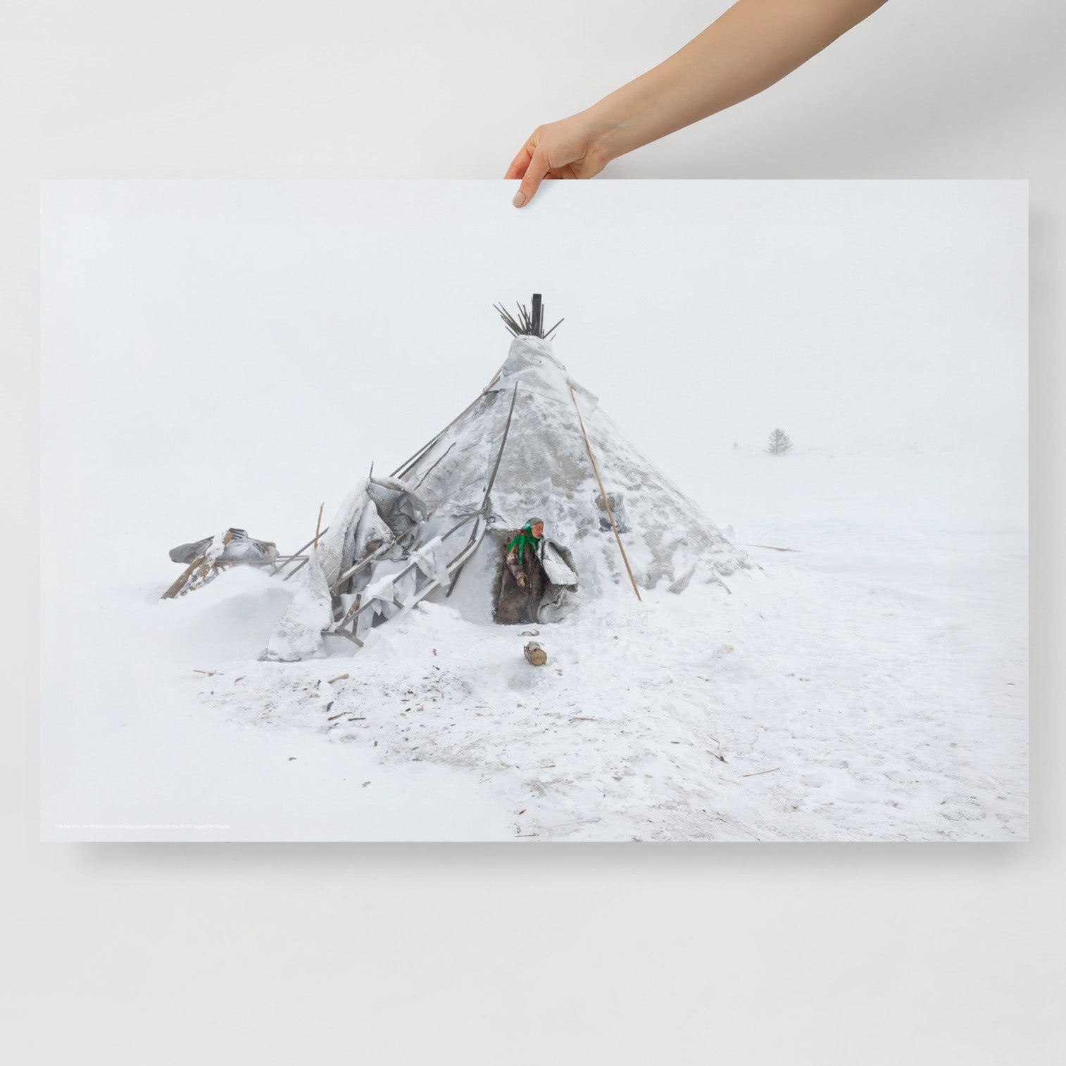 Photo of Nenets woman in traditional clothing near chum tent house in Arctic snow. Siberian indigenous poster rom www.sovisual.art