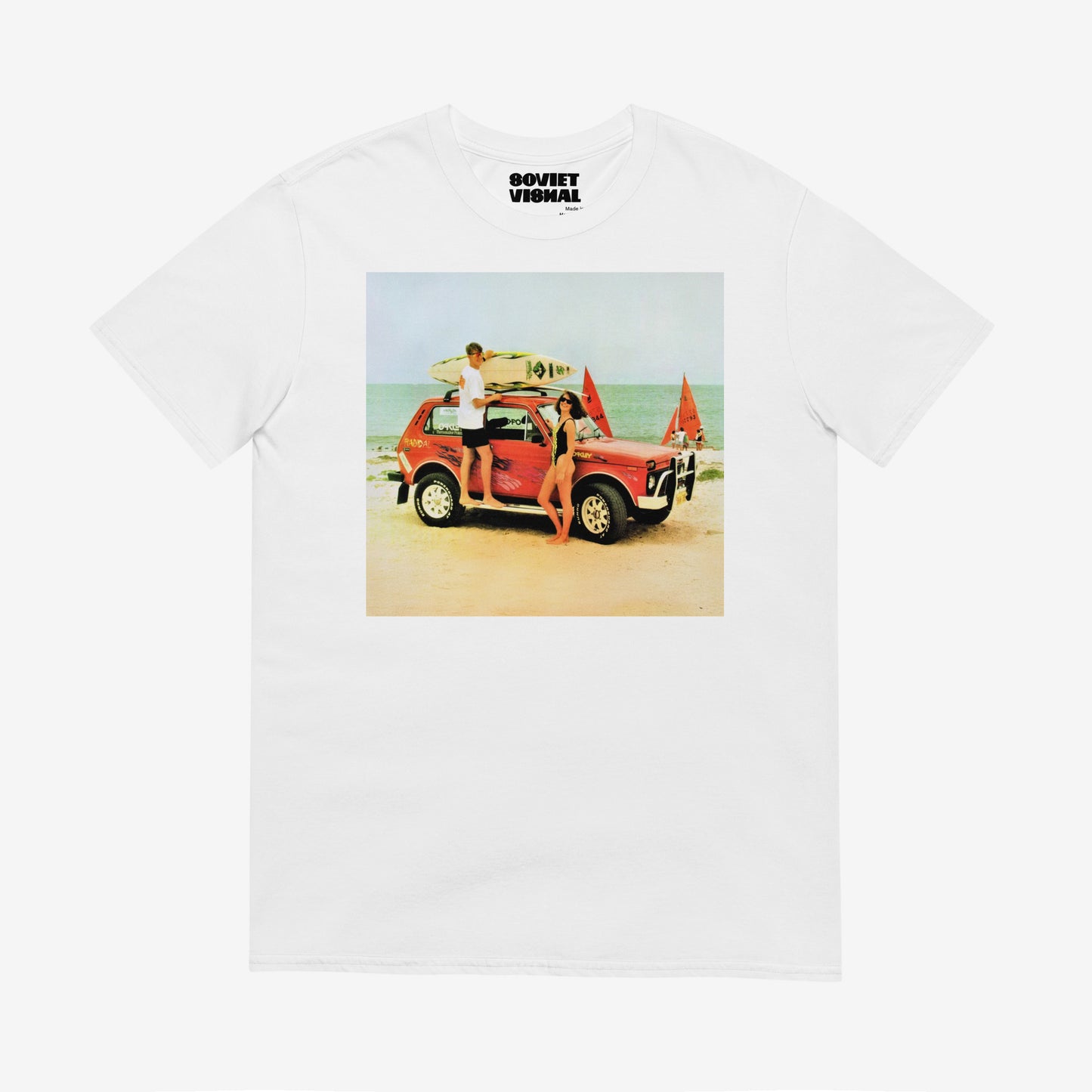 Premium-quality T-shirt featuring a Soviet Niva 4x4 on a beach with the sea in the background