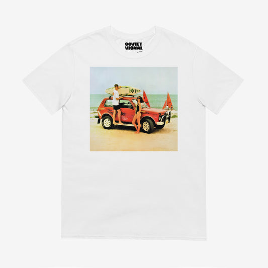 Premium-quality T-shirt featuring a Soviet Niva 4x4 on a beach with the sea in the background