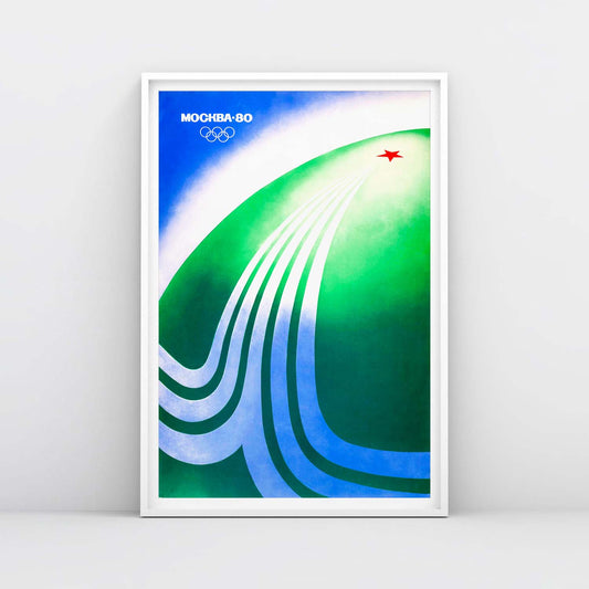 Minimalist Moscow 1980 Olympics poster with globe and red Soviet star