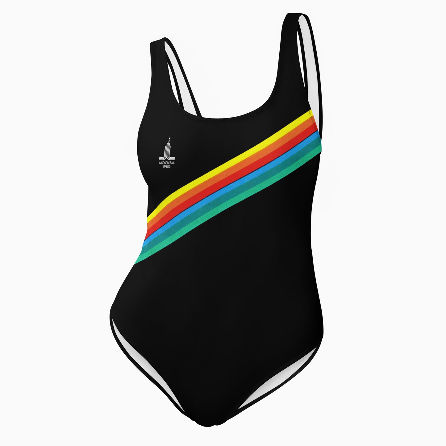 Stylish retro Soviet Olympics black swimsuit with Moscow 1980 logo