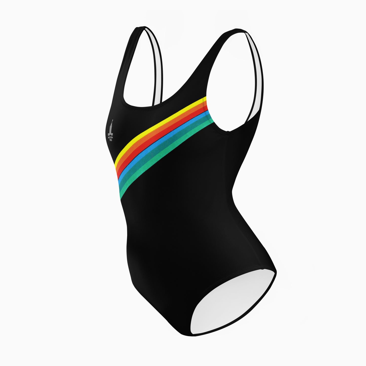 Young fit girl wearing stylish retro Soviet Olympics black swimsuit - side