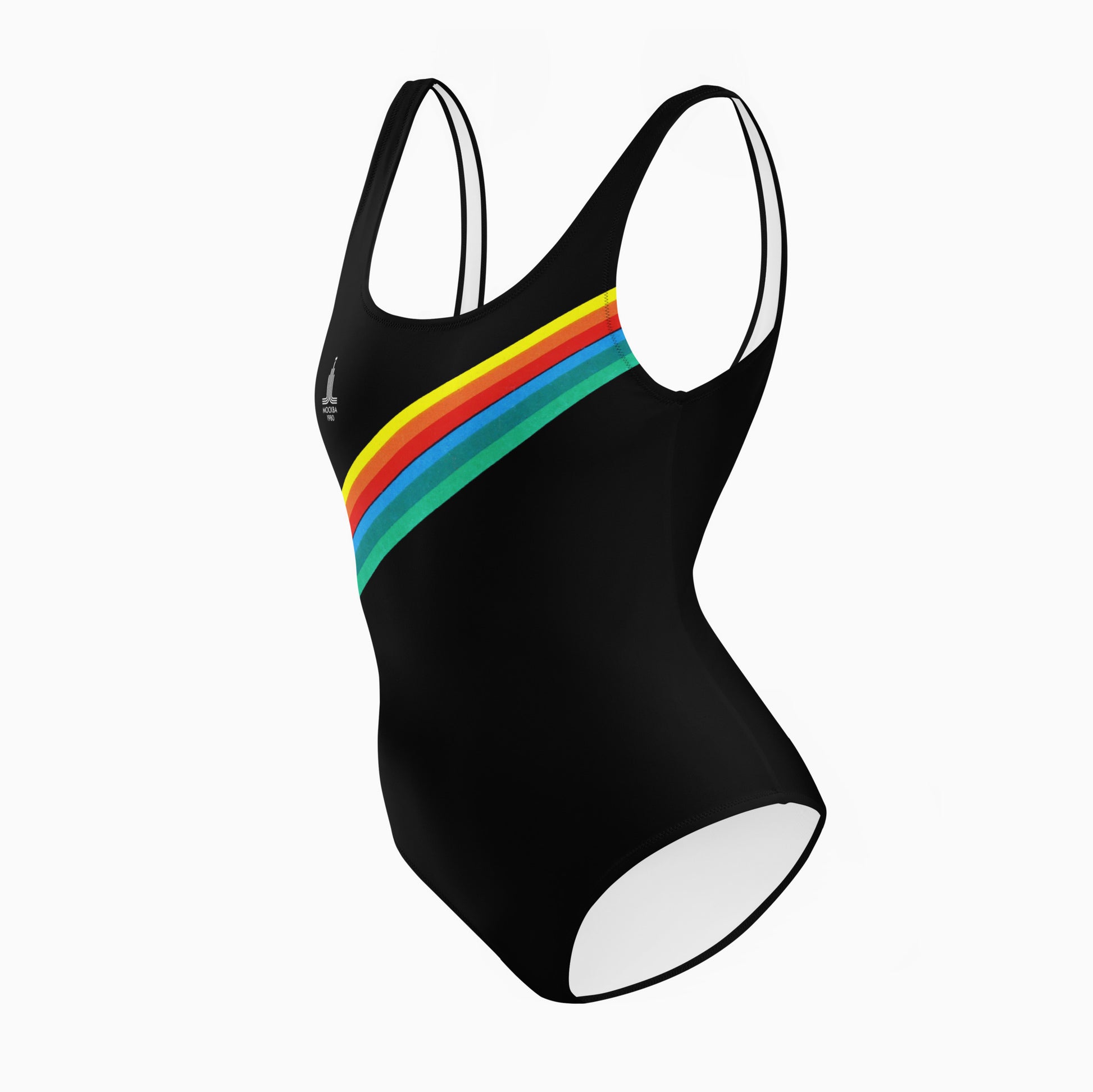 Young fit girl wearing stylish retro Soviet Olympics black swimsuit - side