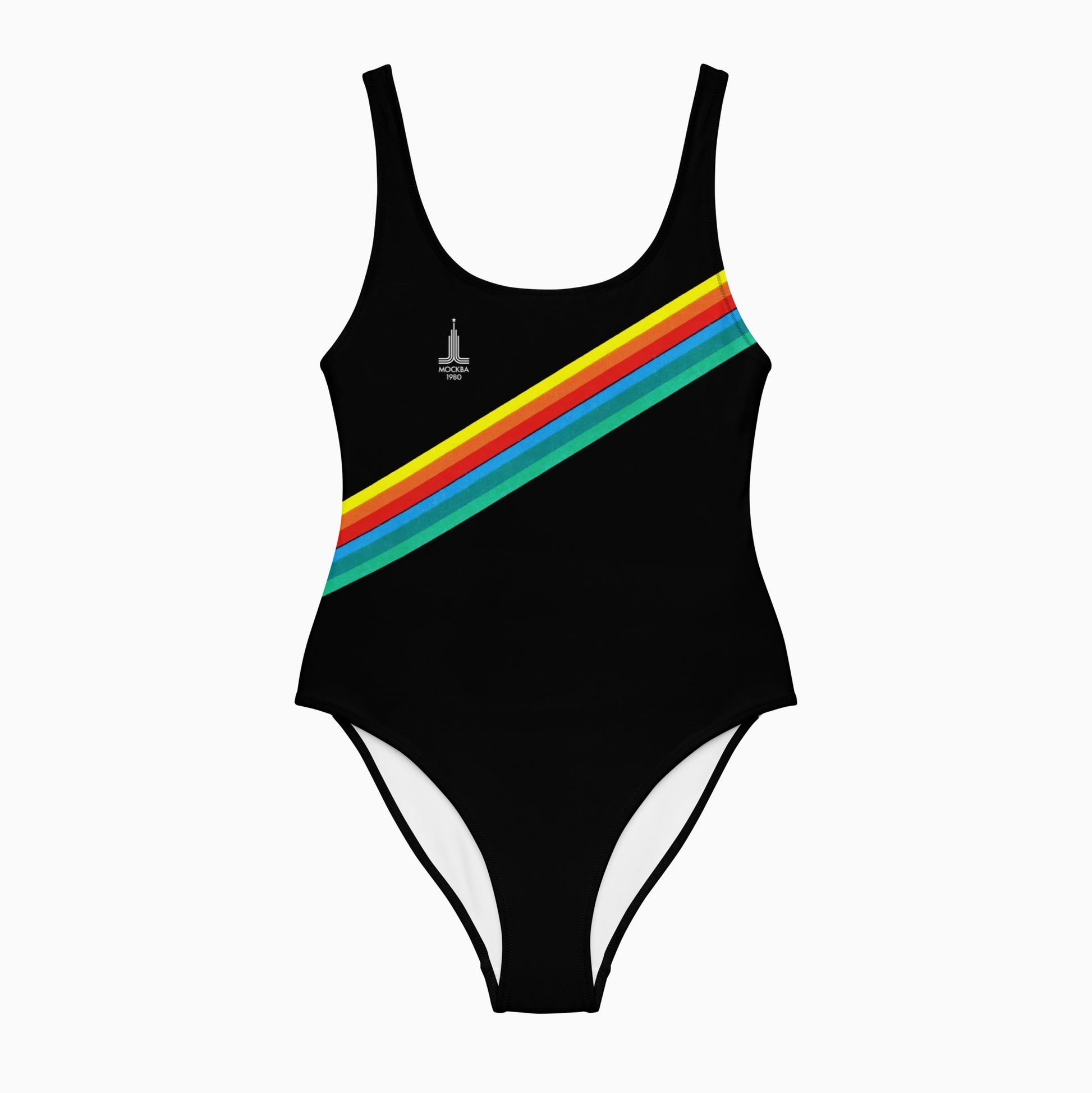 Stylish and minimalist retro Soviet Olympics black swimsuit with rainbow and Moscow 1980 Olympic Games logo - front
