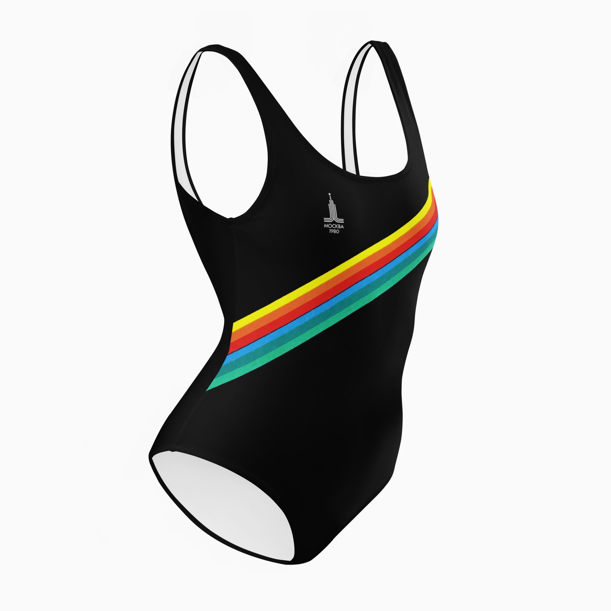 Young fit girl wearing stylish retro Soviet Olympics black swimsuit - side