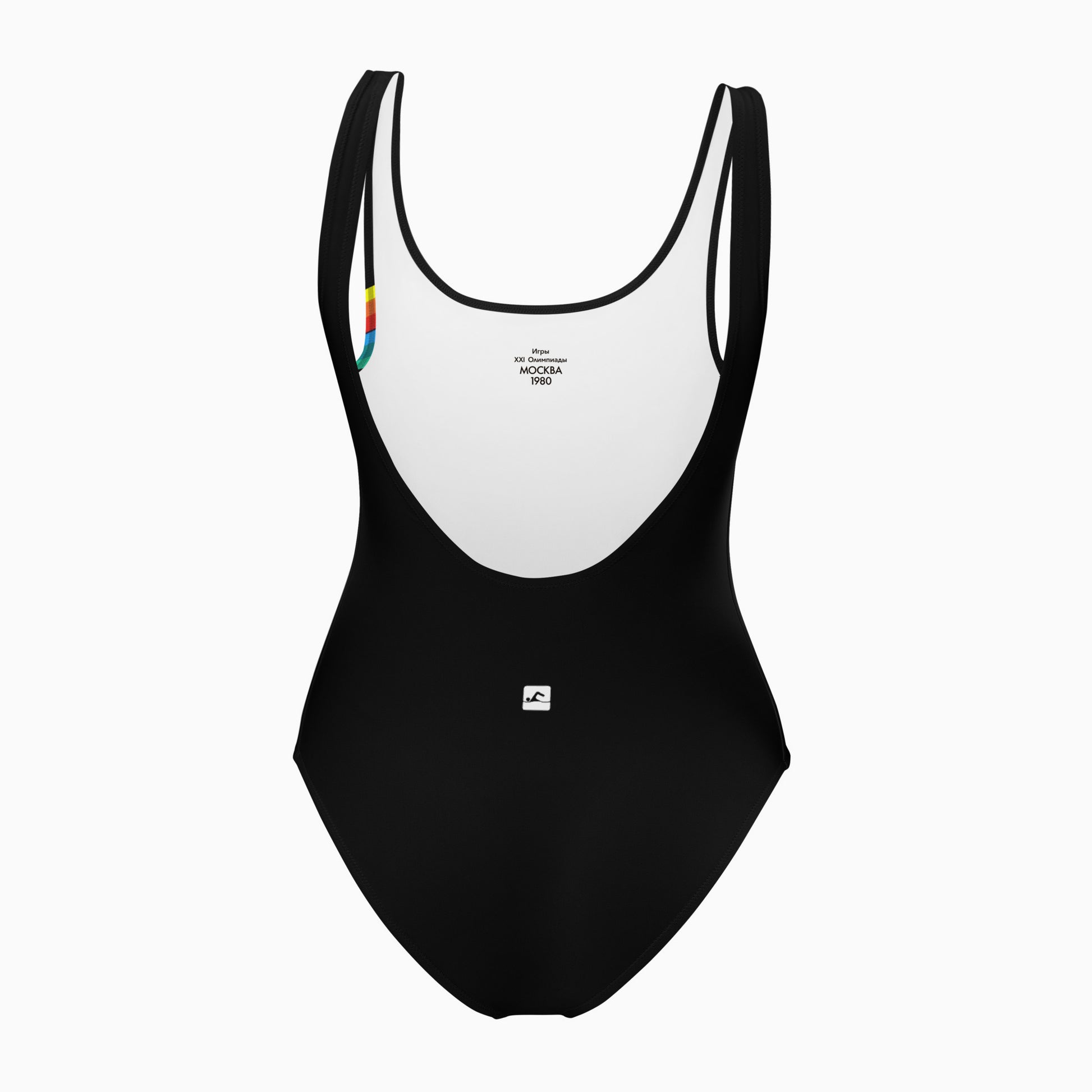 Retro Soviet Olympics black swimsuit - back with inside labels and graphics