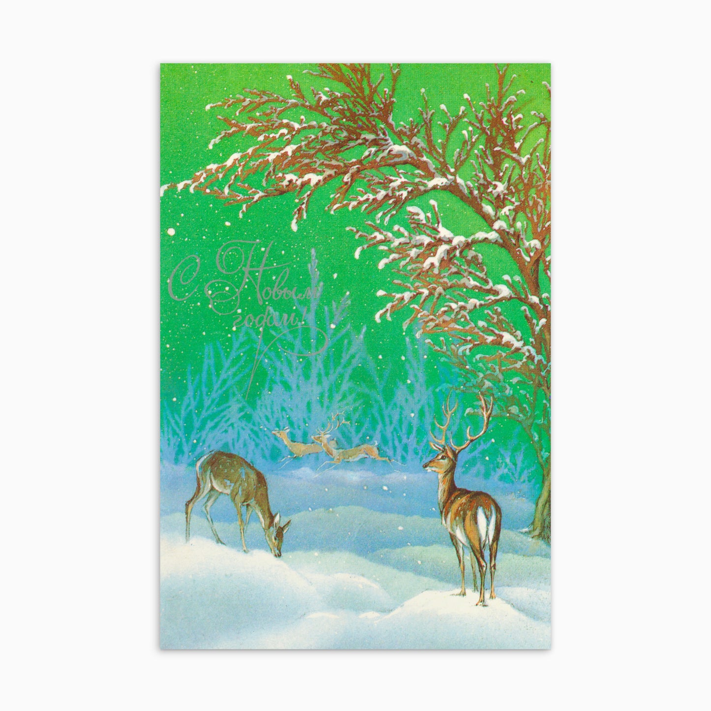 original vintage Soviet New Year postcard with deers in a snowy forest - closeup photo