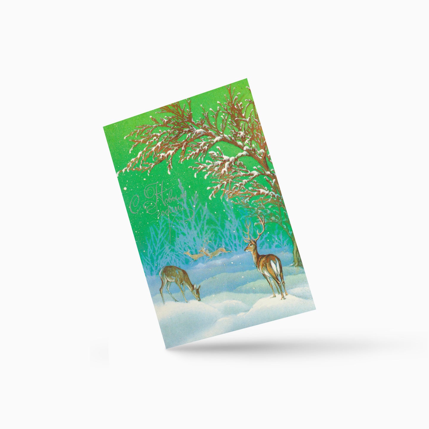 original vintage Soviet New Year postcard with deers in a snowy forest - front