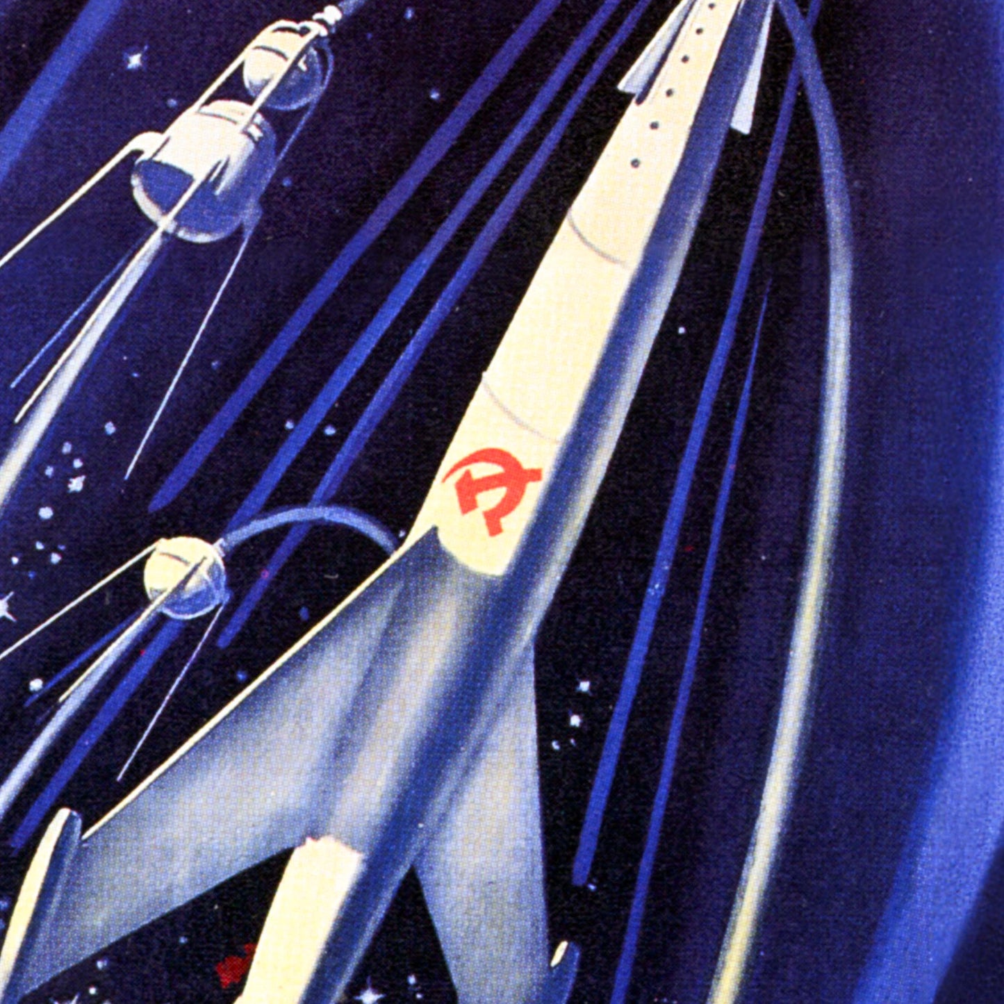 Vintage Soviet space poster featuring a rocket launching into space, with Earth below showing the USSR map and CCCP text. Retro space race artwork.