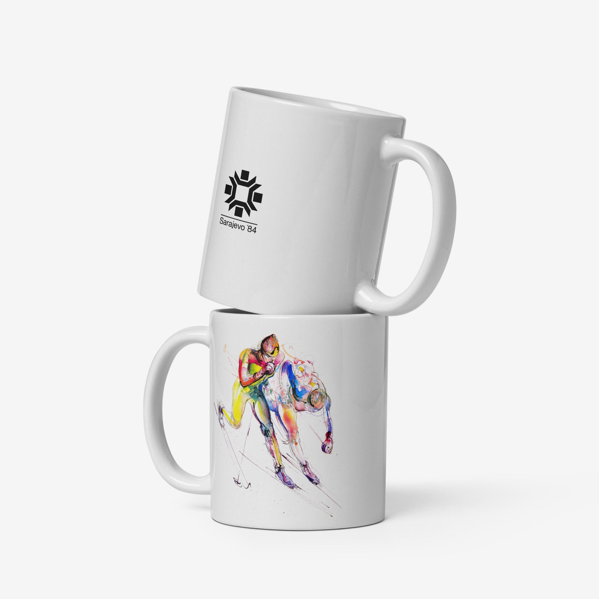 Skiing Olympic mug with Sarajevo 1984 artwork by Ismar Mujezinović
