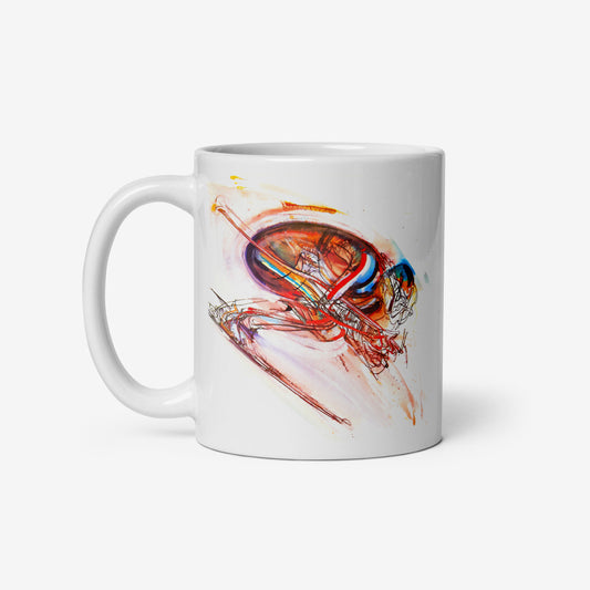 Tech Skiing mug with artwork from the Sarajevo 1984 Winter Olympics by Ismar Mujezinović