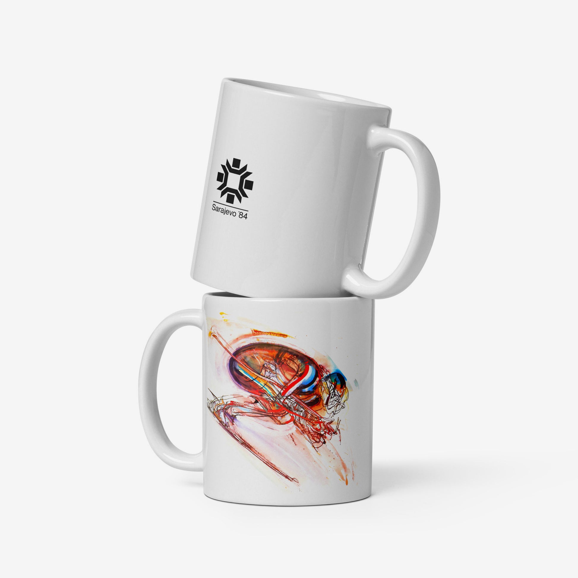 Tech Skiing mug with artwork from the Sarajevo 1984 Winter Olympics by Ismar Mujezinović