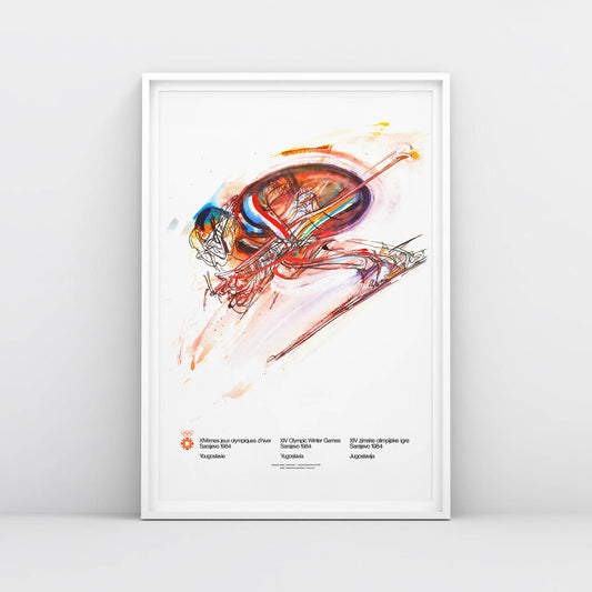 High-resolution Tech Skiing poster from Sarajevo 1984 Olympics by Ismar Mujezinović