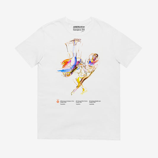 Unisex T-shirt with Figure Skating artwork from Sarajevo 1984 Winter Olympics by Ismar Mujezinović