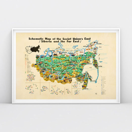 Vintage Soviet schematic map poster of East Siberia and Far East USSR industries