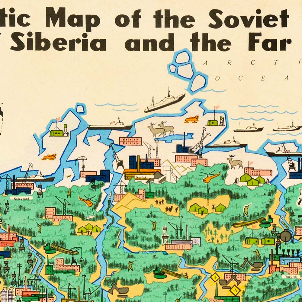 Vintage Soviet schematic map poster of East Siberia and Far East USSR industries