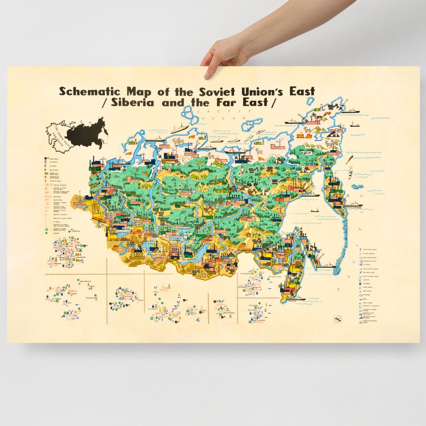 Vintage Soviet schematic map poster of East Siberia and Far East USSR industries