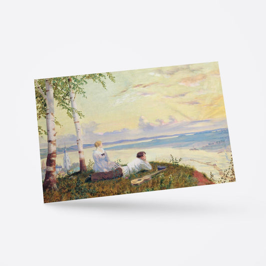Soviet-style painting postcard featuring a boy and girl lying in a meadow, watching the sunset by a Russian river with an Orthodox church in the distance