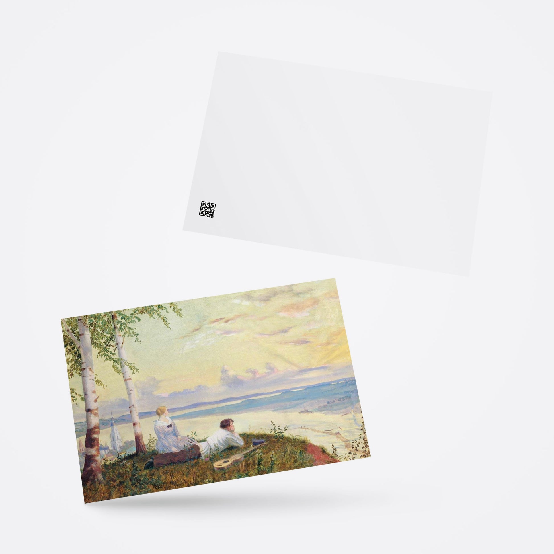 Soviet-style painting postcard featuring a boy and girl lying in a meadow, watching the sunset by a Russian river with an Orthodox church in the distance. Front and back details