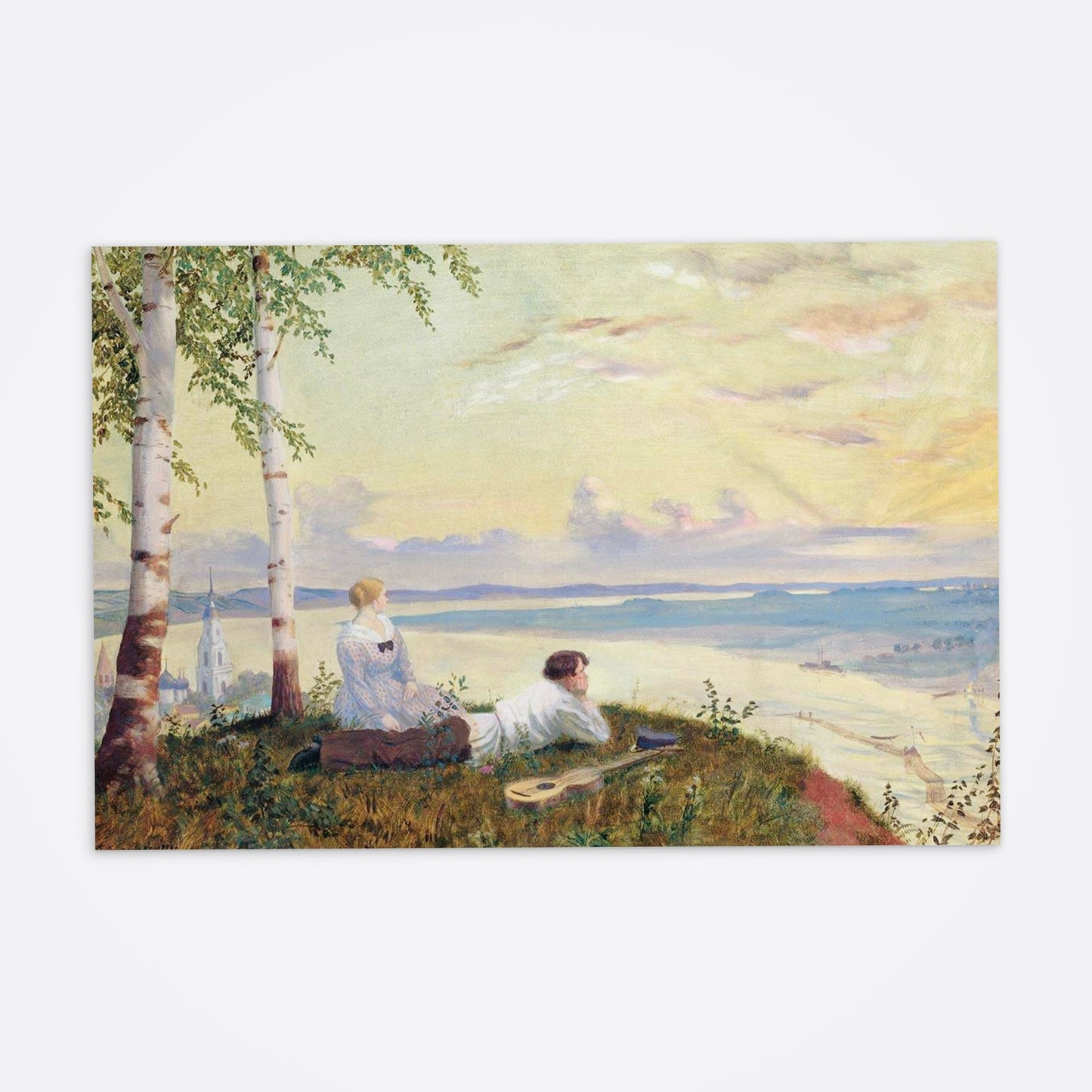 Soviet-style painting postcard featuring a boy and girl lying in a meadow, watching the sunset by a Russian river with an Orthodox church in the distance