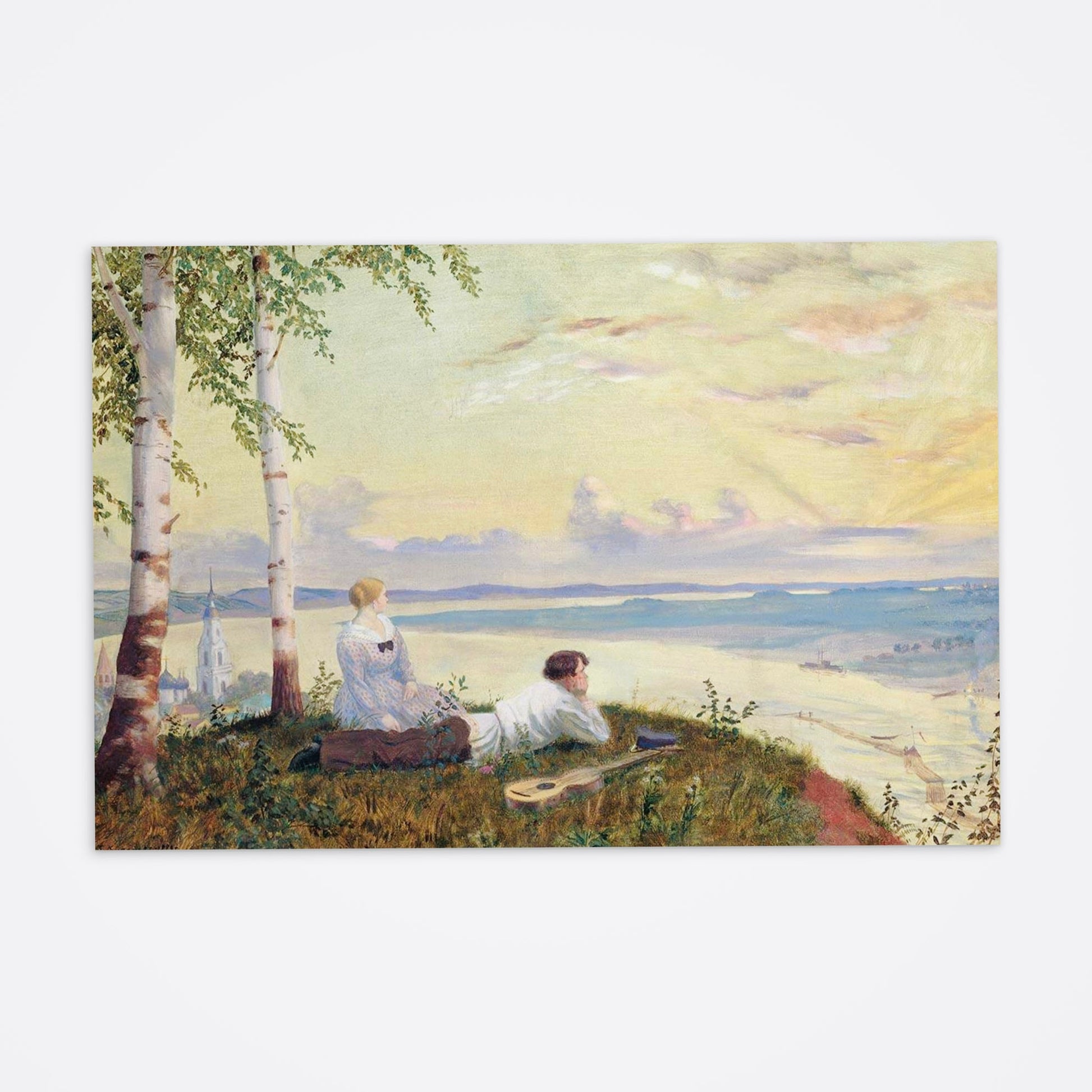 Soviet-style painting postcard featuring a boy and girl lying in a meadow, watching the sunset by a Russian river with an Orthodox church in the distance