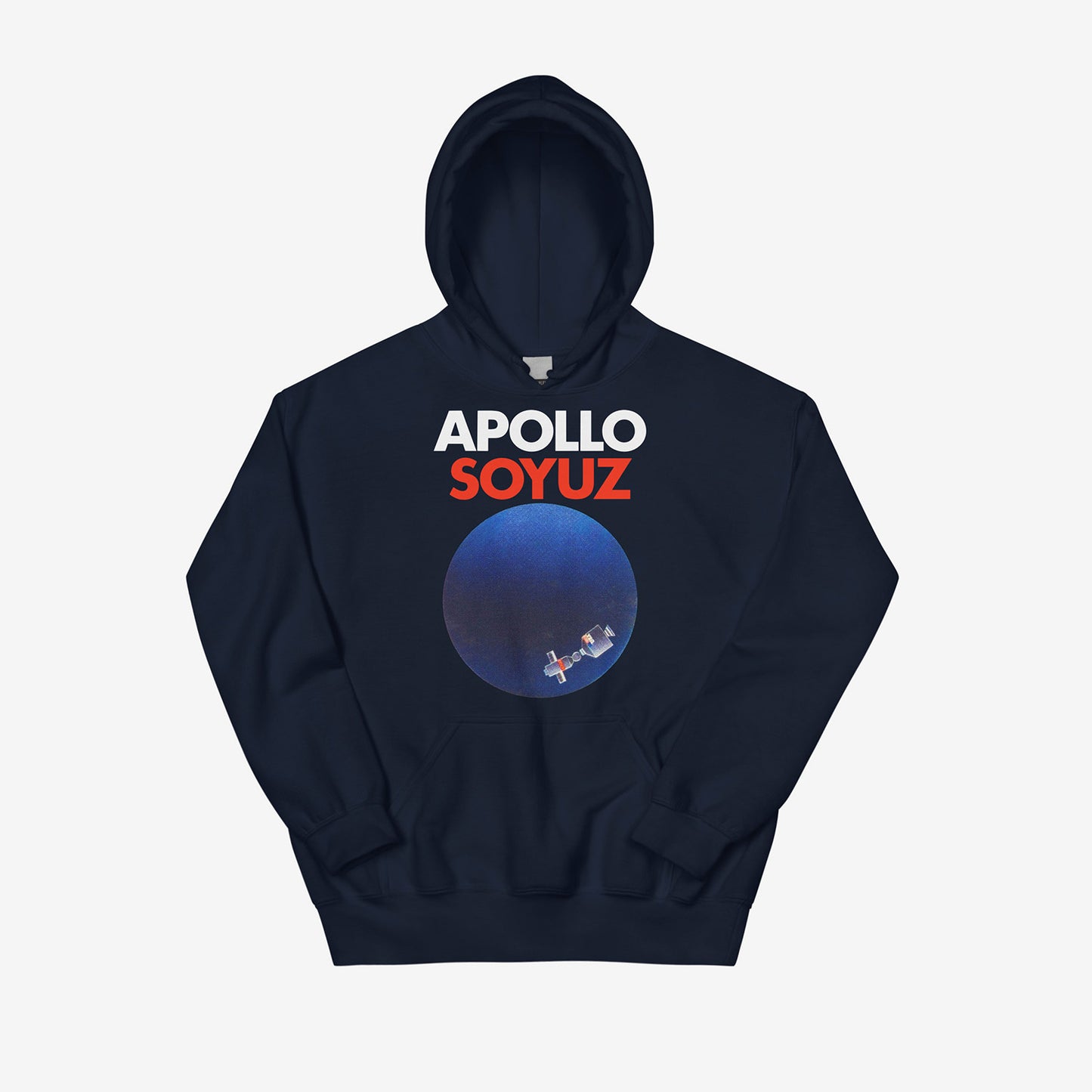 Soyuz Apollo hoodie with USA USSR 1975 space mission emblem symbolizing Soviet-American friendship. www.sovisual.art