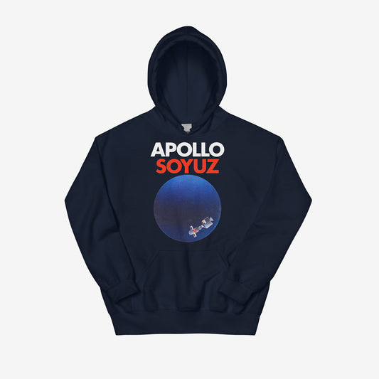 Soyuz Apollo hoodie with USA USSR 1975 space mission emblem symbolizing Soviet-American friendship. www.sovisual.art