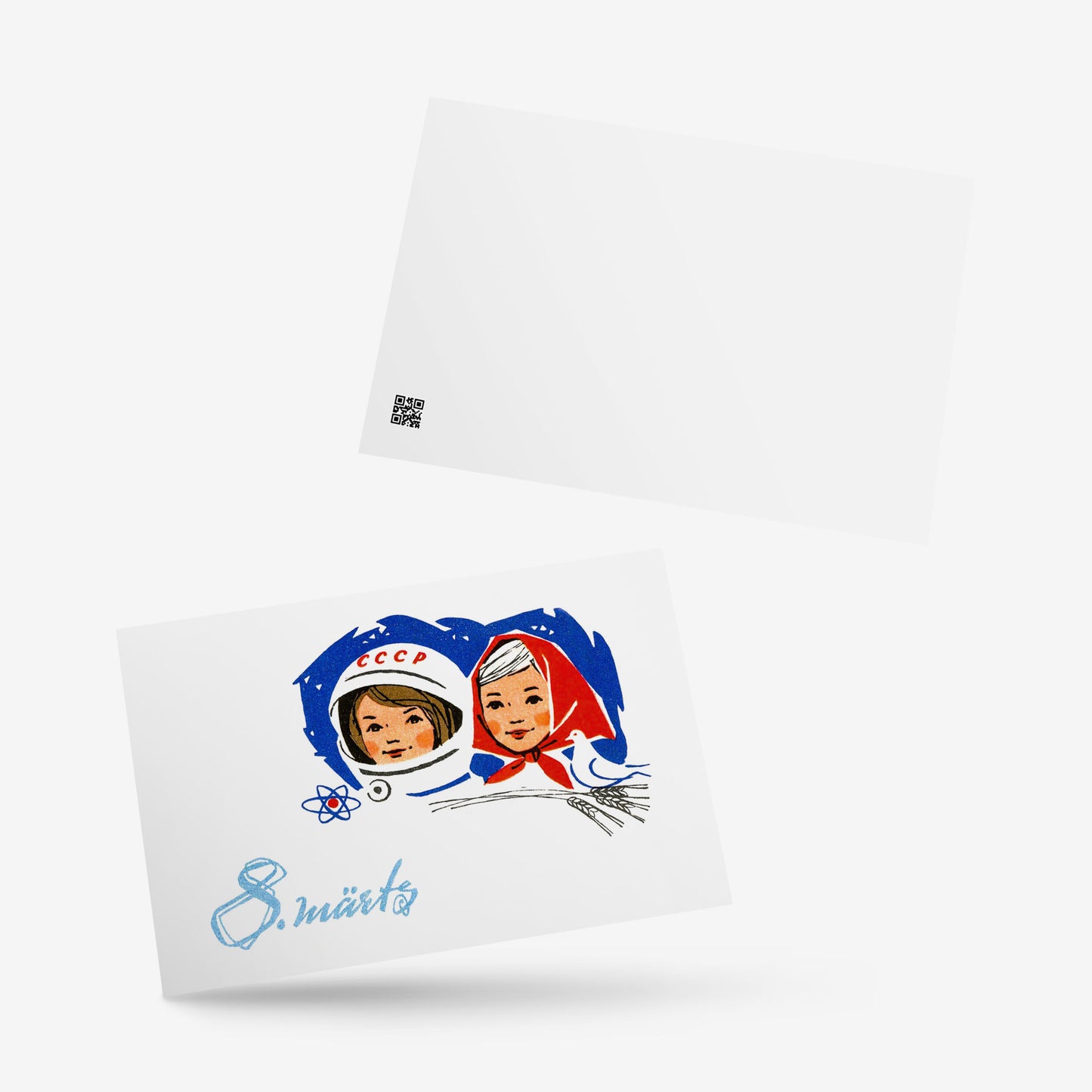 Vintage Soviet postcard featuring two young girls – one in a cosmonaut scaphander and the other in a traditional Russian headscarf – symbolizing Soviet space exploration and Russian heritage.