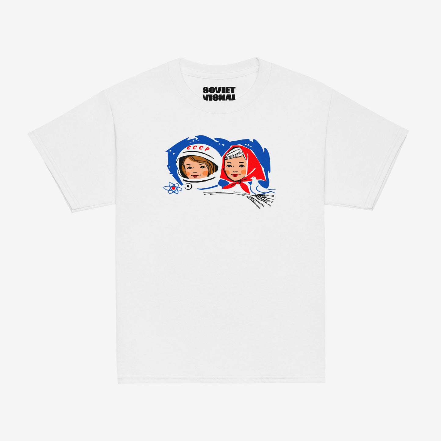 Youth T-shirt featuring a vintage Soviet illustration of a cosmonaut girl and a Russian girl in a traditional headscarf, inspired by USSR space exploration.