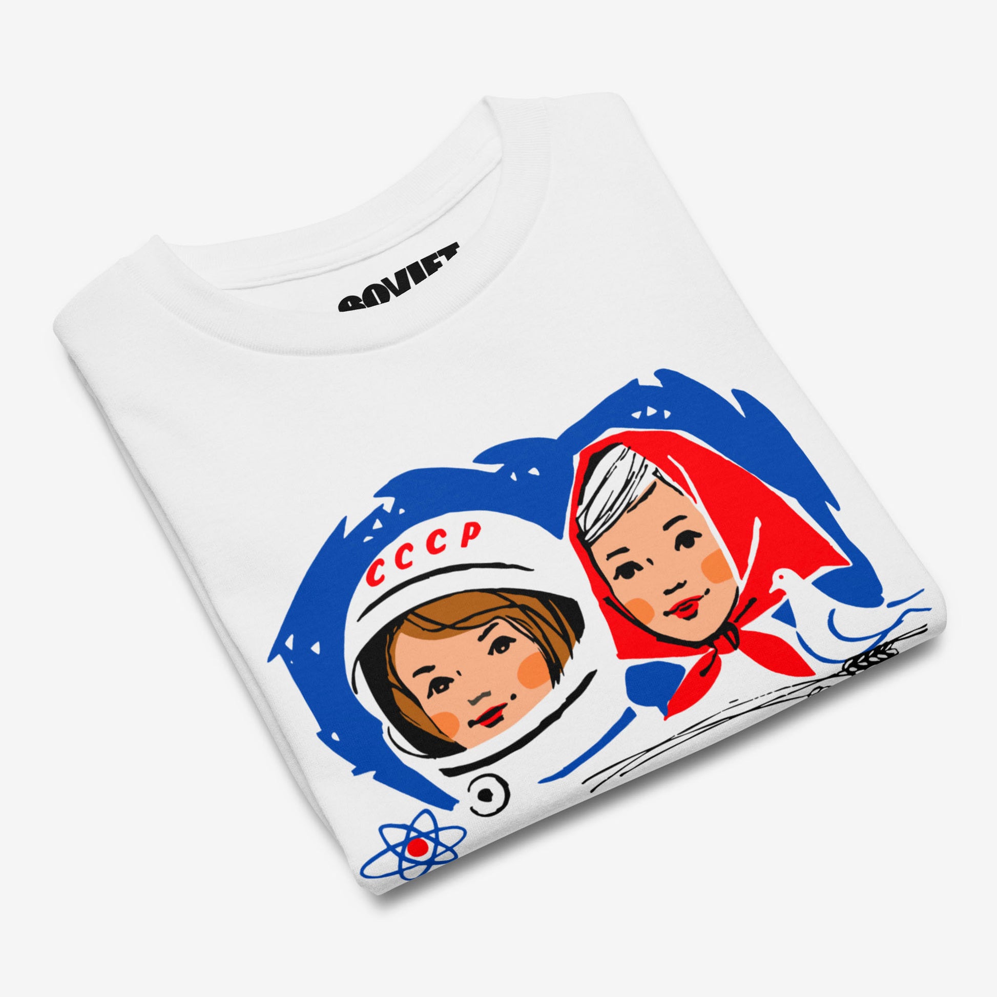 Youth T-shirt featuring a vintage Soviet illustration of a cosmonaut girl and a Russian girl in a traditional headscarf, inspired by USSR space exploration.
