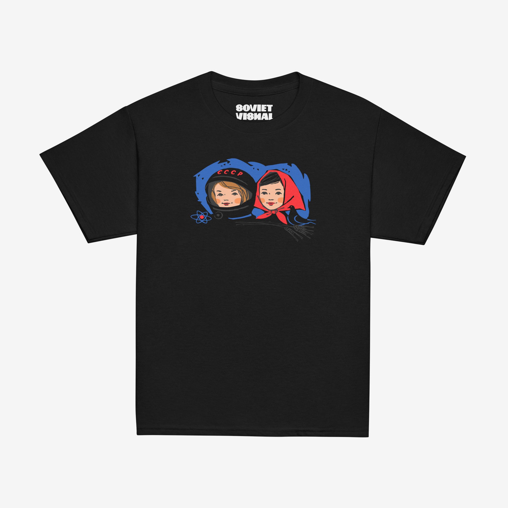 Youth T-shirt featuring a vintage Soviet illustration of a cosmonaut girl and a Russian girl in a traditional headscarf, inspired by USSR space exploration.