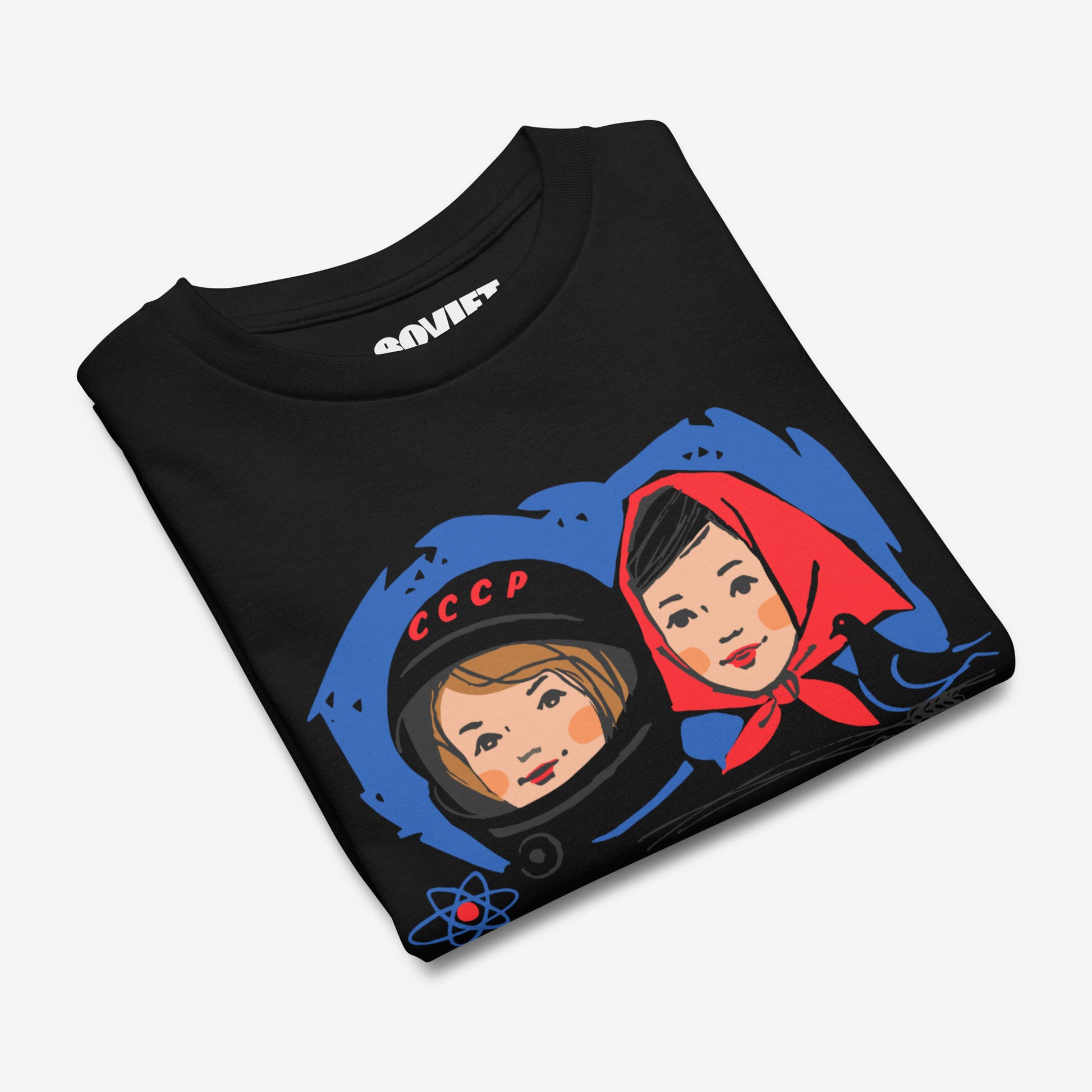 Youth T-shirt featuring a vintage Soviet illustration of a cosmonaut girl and a Russian girl in a traditional headscarf, inspired by USSR space exploration.