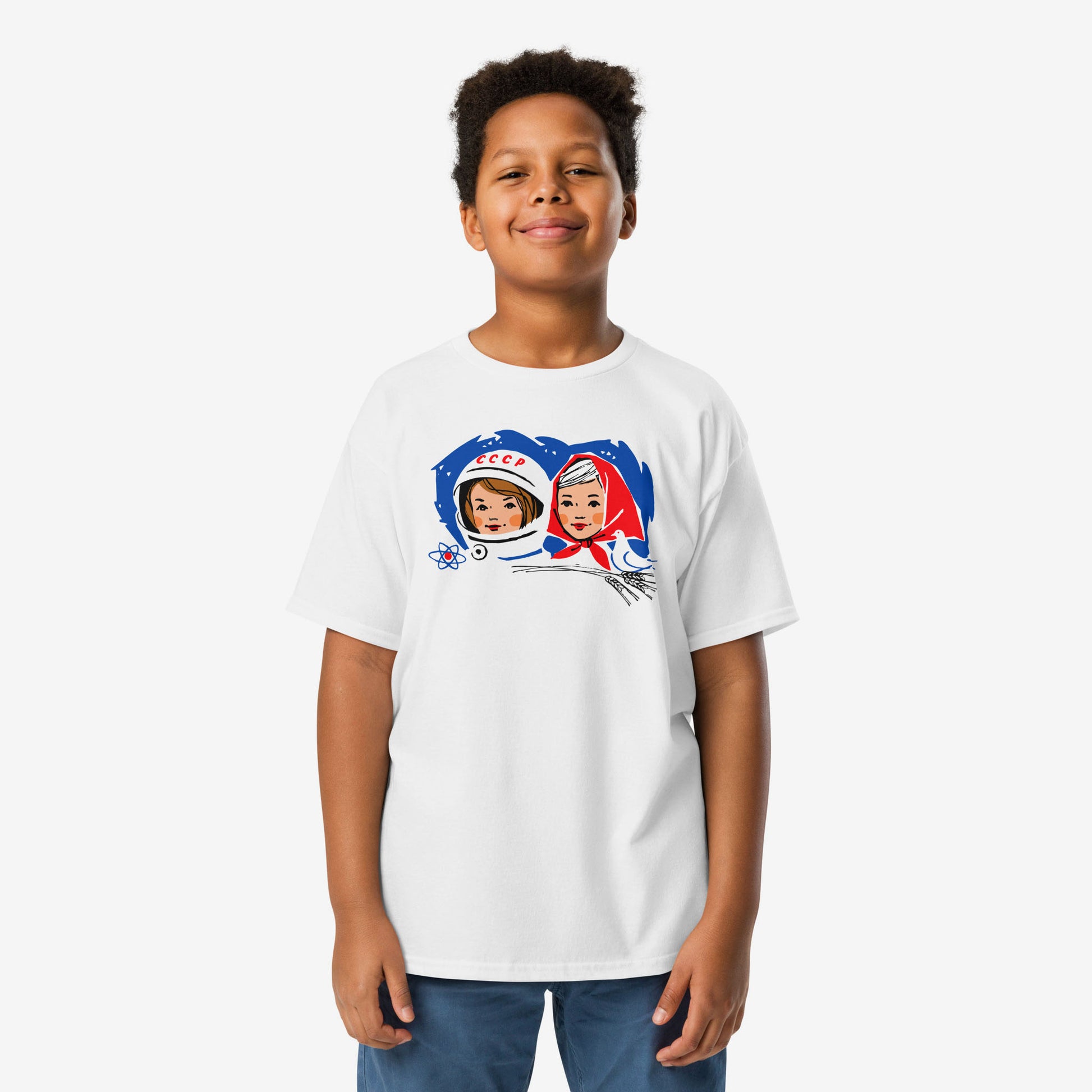 Youth T-shirt featuring a vintage Soviet illustration of a cosmonaut girl and a Russian girl in a traditional headscarf, inspired by USSR space exploration.