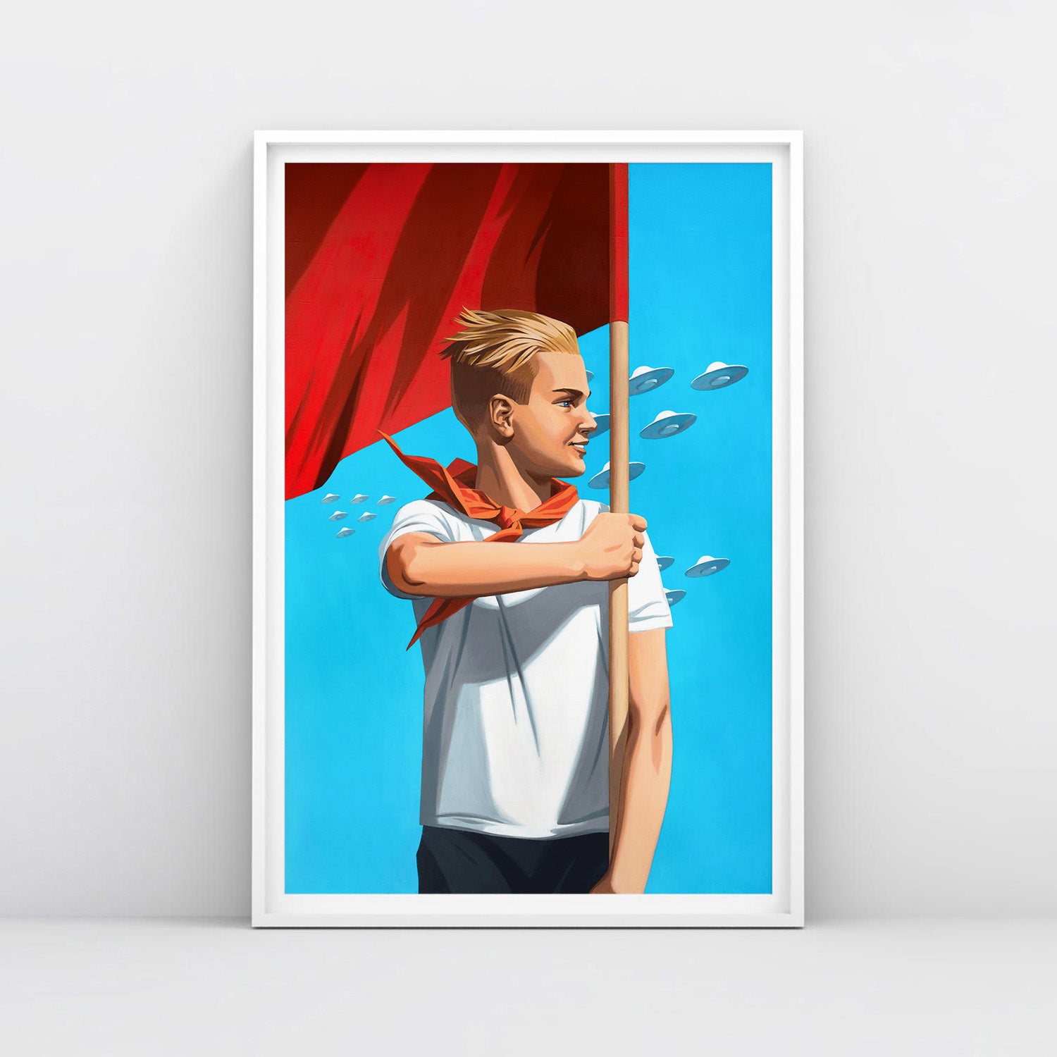 Poster of handsome blonde Soviet pioneer boy holding red flag with blue sky and UFO flying behind him in parade formation, symbolic futurist space pioneers style