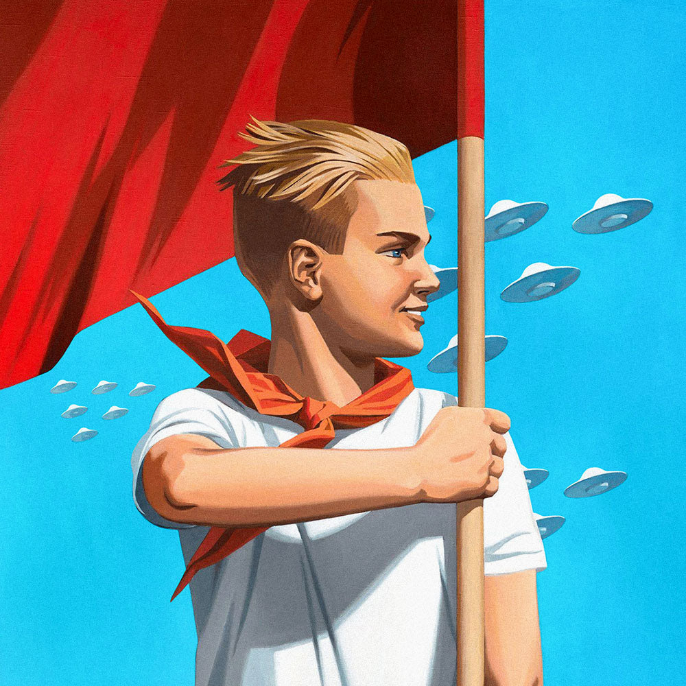 Poster of handsome blonde Soviet pioneer boy holding red flag with blue sky and UFO flying behind him in parade formation, symbolic futurist space pioneers style