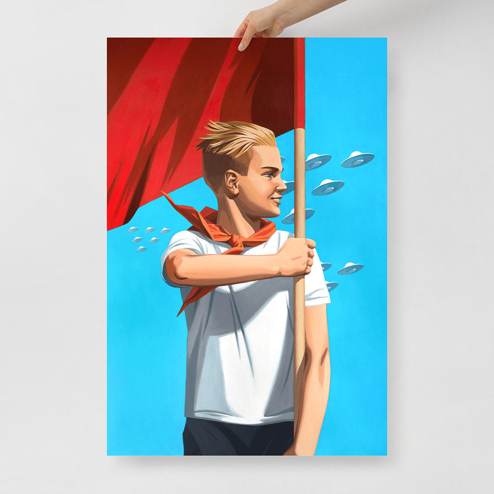 Poster of handsome blonde Soviet pioneer boy holding red flag with blue sky and UFO flying behind him in parade formation, symbolic futurist space pioneers style