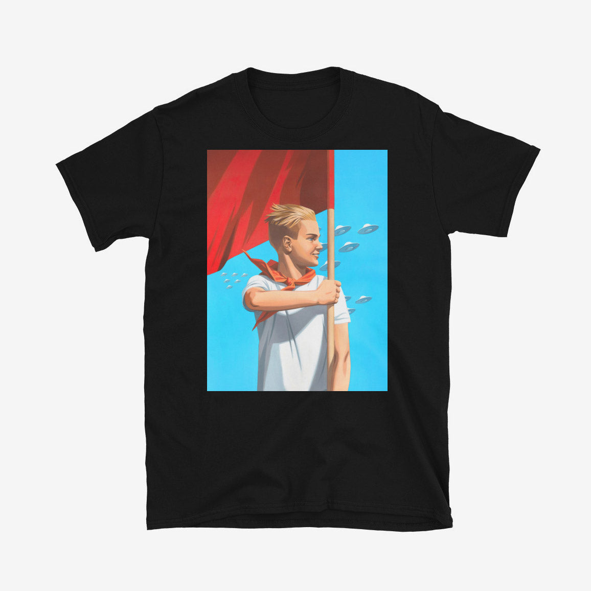 T-shirt with artwork of beautiful blonde Soviet pioneer boy holding red flag with UFO flying in blue sky behind him, space-age patriotic design