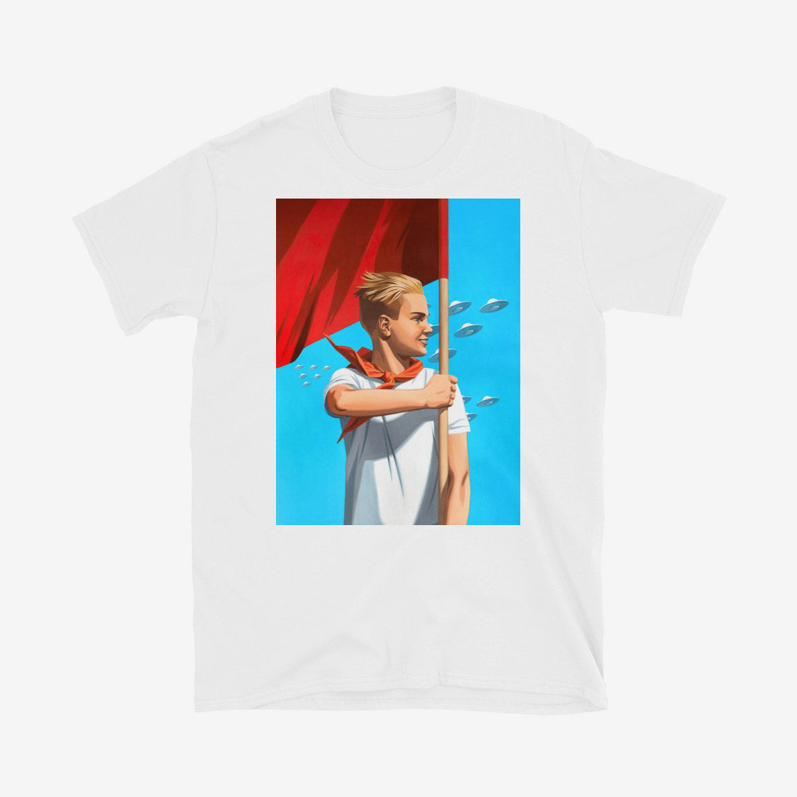 T-shirt with artwork of beautiful blonde Soviet pioneer boy holding red flag with UFO flying in blue sky behind him, space-age patriotic design