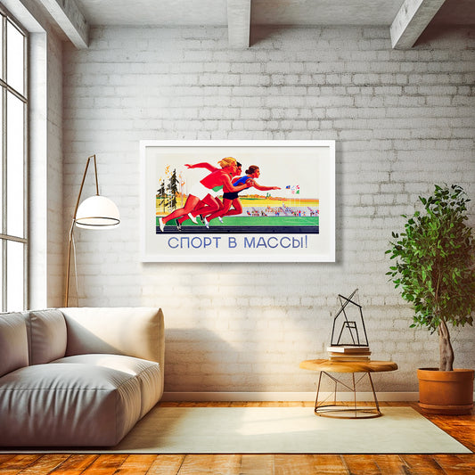 Original high quality vintage Soviet large poster 'Sport to the masses!' - framed on the wall in a cosy interior 