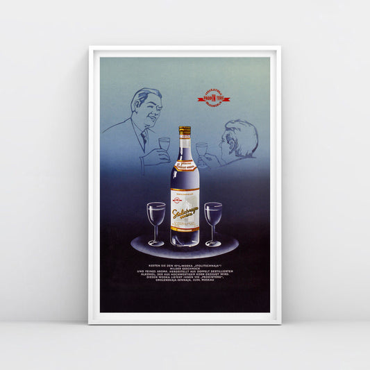Vintage Soviet advertising poster for Stolichnaya Vodka, featuring bold typography and classic USSR design.