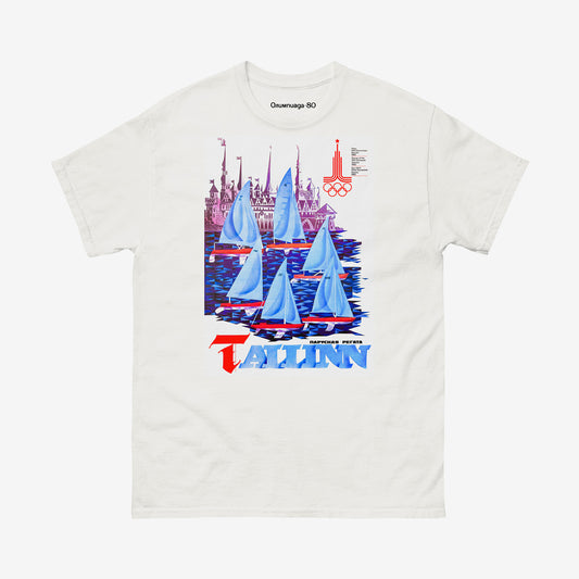 Tallinn 1980 Olympic T-shirt with Soviet sailing regatta artwork and Estonian Old Town skyline. Unisex tee from sovisual.art