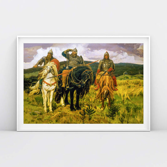 High-quality poster print of Viktor Vasnetsov's Three Bogatyrs, depicting three legendary Russian warriors in stunning detail.