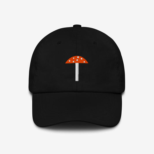 High-quality embroidered dad hat featuring Timur Novikov's "Mushroom" (Гриб) artwork, a bold Soviet avant-garde piece from 1990. Classic adjustable baseball cap.