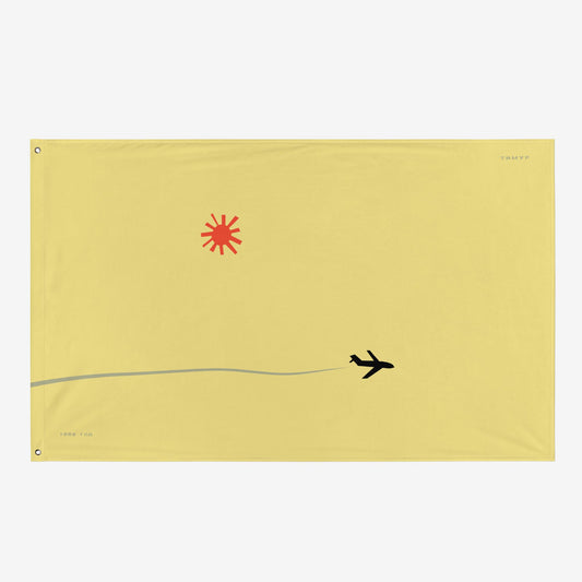 Timur Novikov "Самолёт" (Plane) flag featuring a bold airplane and signature sun on a yellow background. Large 155 × 97 cm.