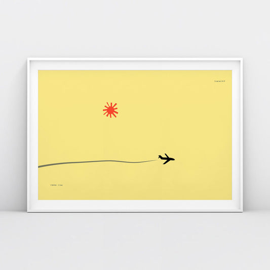 Timur Novikov "Самолёт" (Plane) poster featuring a bold airplane and signature sun on a yellow background. High-quality Soviet avant-garde art print.
