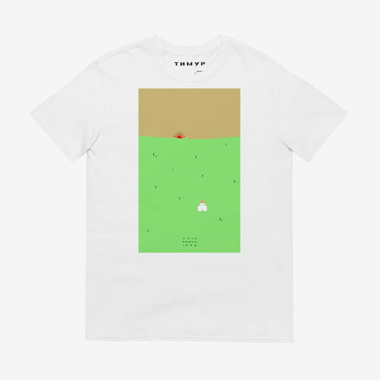 Timur Novikov Русь (Rus') T-shirt featuring a Russian Orthodox church, a golden sky, and his signature sun motif. Exclusive high-quality avant-garde design.