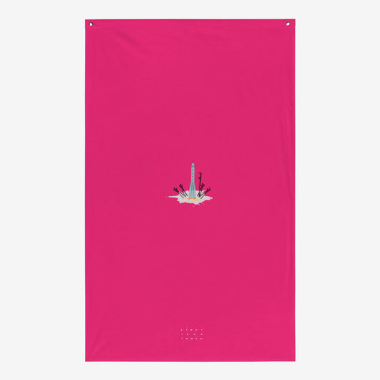 Timur Novikov Старт (Start) poster featuring a Soviet space rocket launching from a cosmodrome. Bold avant-garde artwork with a pink background.