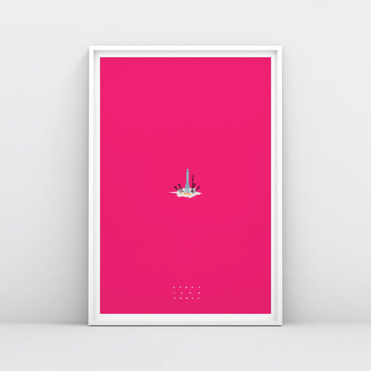 Timur Novikov Старт (Start) poster featuring a Soviet space rocket launching from a cosmodrome. Bold avant-garde artwork with a pink background.