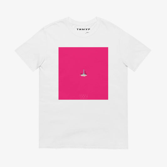 Timur Novikov Старт (Start) T-shirt featuring a Soviet space rocket launching from a cosmodrome. Bold avant-garde artwork with a pink background.