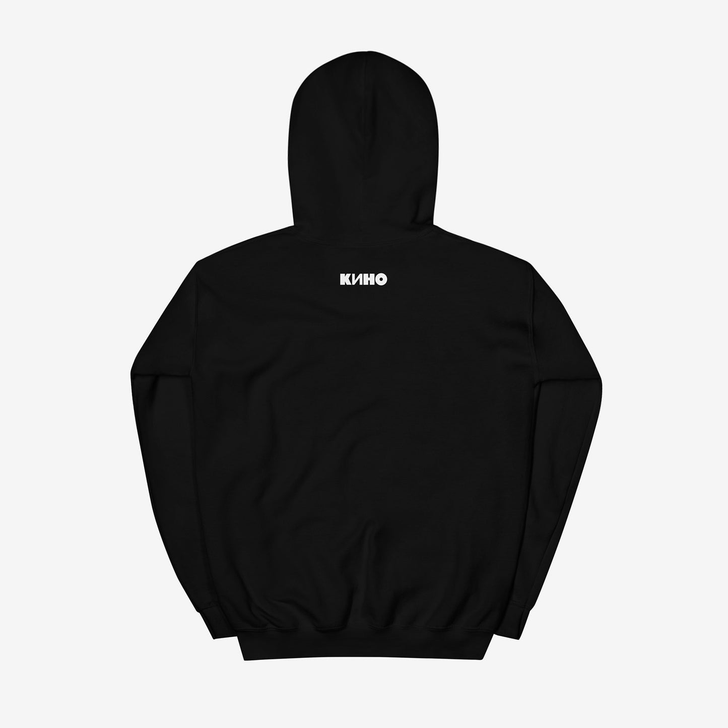 Viktor Tsoi 'Любовь это не шутка' album artwork featuring a drawn Kino'86' and a small KINO logo underneath the graphic printed on the front of a heavyweight black unisex hoodie with a KINO logo on the back neck side, from GruppaKino.com.